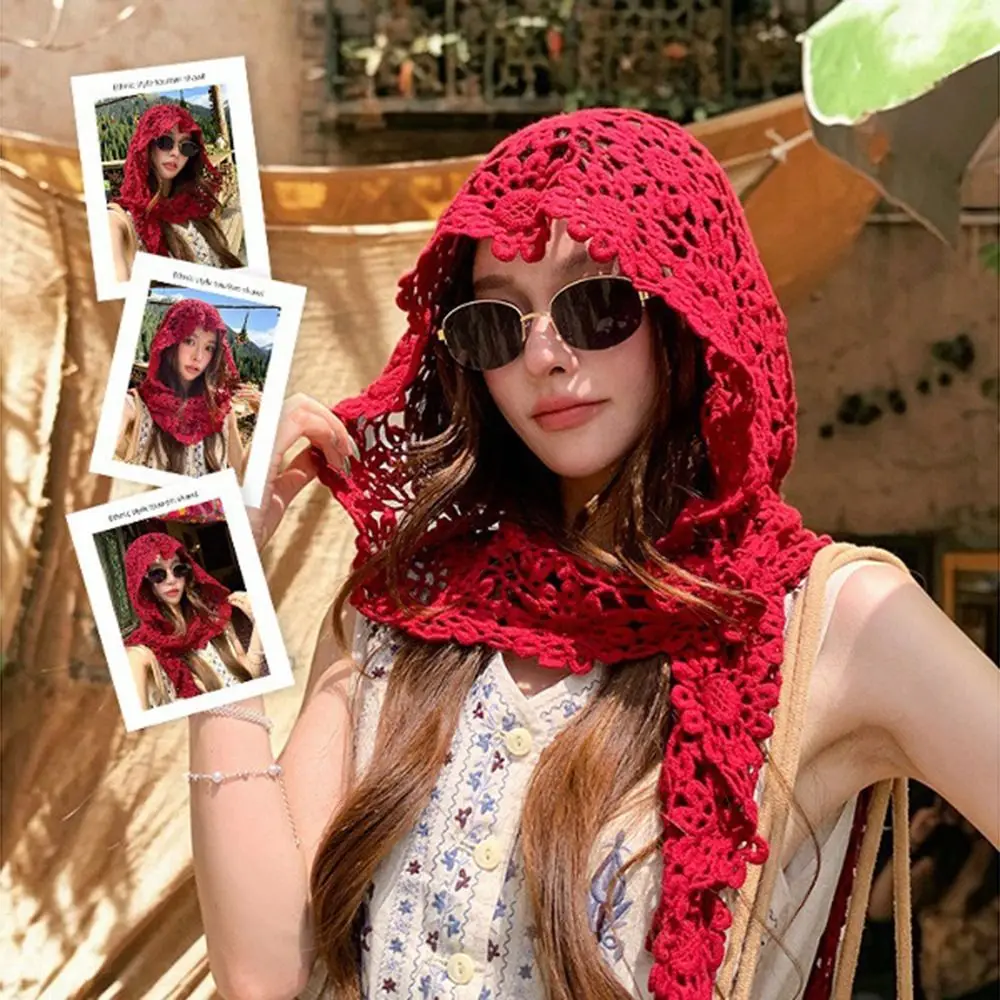Sweet Hollow Out Retro Knitted Hat Thin Handmade Hooded Scarf Elegant Multi-use Crocheted Flower Headwear Holiday Wear