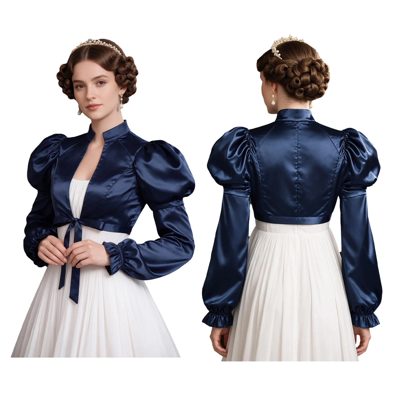 Women Medieval Renaissance Victorian Vampire Bolero Shrug Puff Sleeve Satin Gothic Shawl Cardigan for Halloween Carnival Party