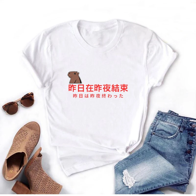 Capybara Print T Shirt Harajuku Cartoon Graphic Unisex Tshirt Streetwear Aesthetic Pattern O-Neck Soft Casual Women Men T-shirt