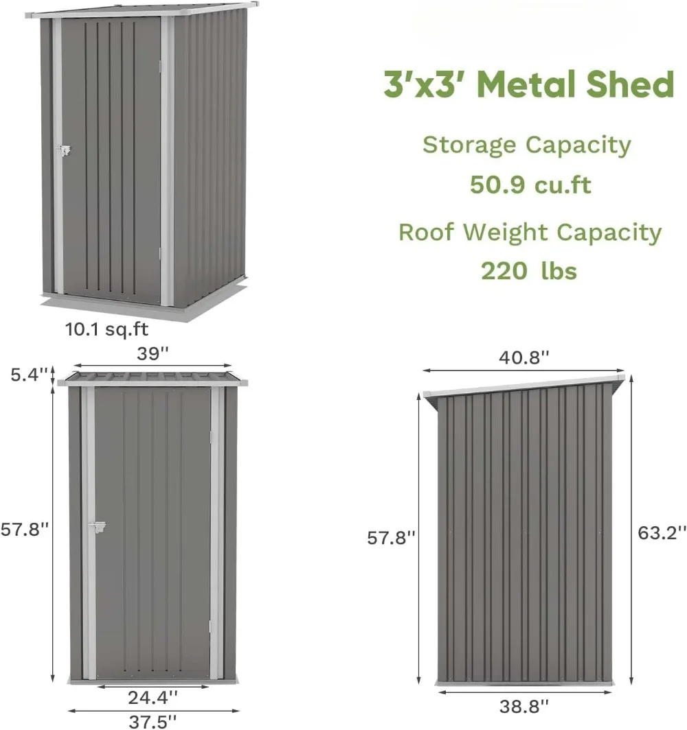 3 x 3 FT Outdoor Storage Shed,Small Garden Tool Storage Shed with Sloping Roof and Single Lockable Door,  Grey