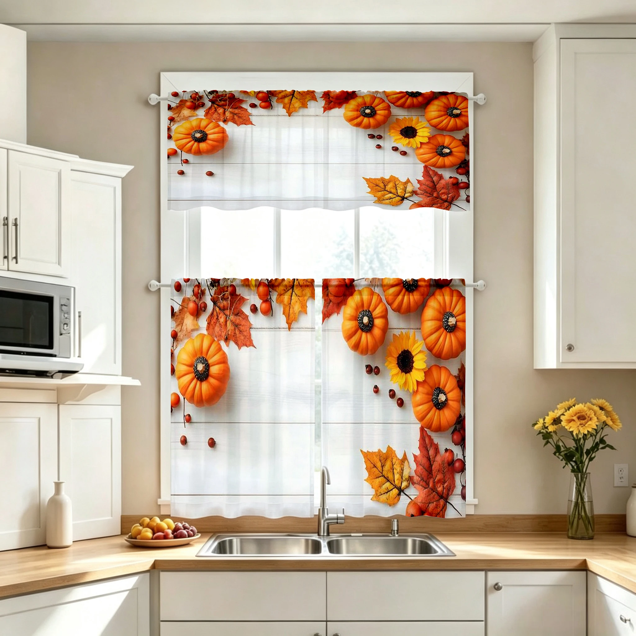 Thanksgiving Fall Kitchen Curtains, Wood Pumpkin Sunflower, Digital Print, Kitchen Dining Room, Rod Pocket Polyester, Home Decor