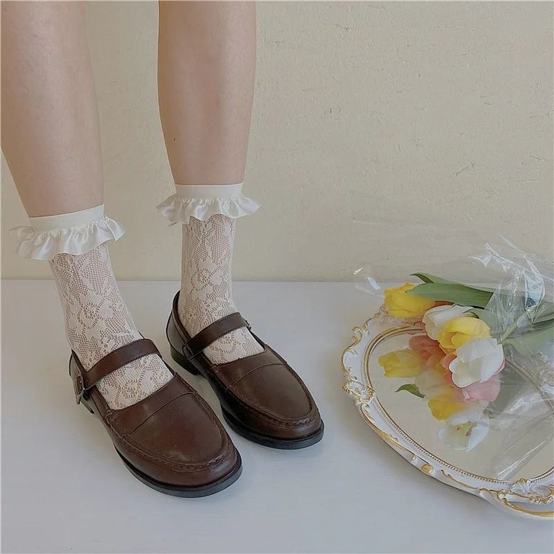 Hollow Sexy Lace Floral Mesh Fishnet Medium Tube Socks Women Japanese Sweet Girl Ruffle Socks Lolita Kawaii Cute Princess Socks