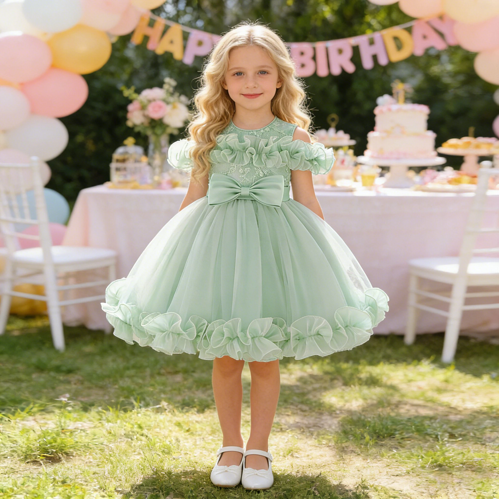 

Fashion Flower Wedding Girls Dress Elegant Tulle Birthday Party Princess Prom Dresses Girl Gala Bow Bridesmaids Evening Costumes