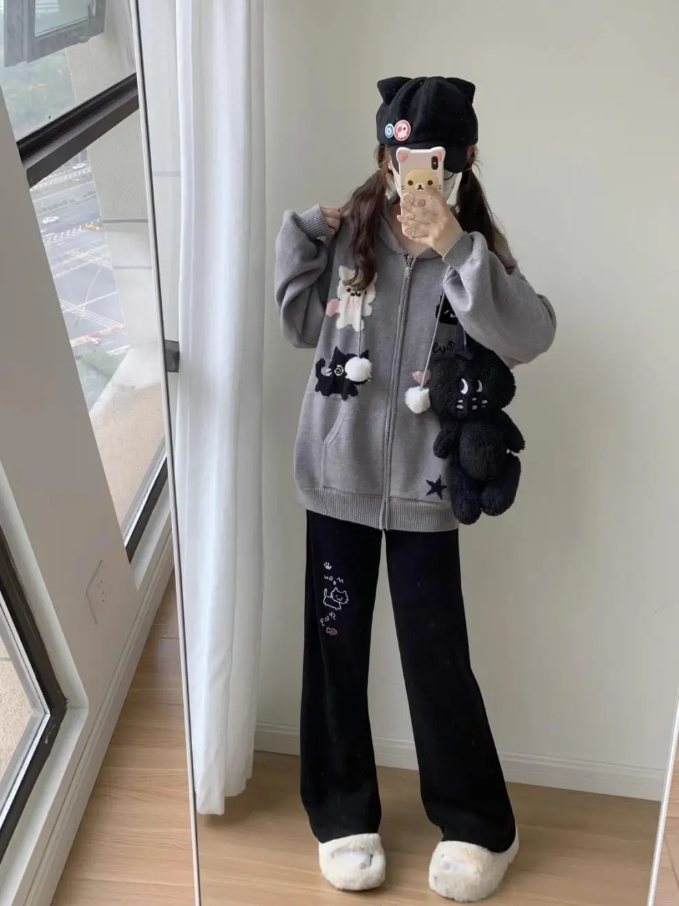 Black Japanese Anime Cute Cat Embroidered Casual Pants Female Students' Loose Draping Pants In Autumn and Winter 2025 Cute Hot