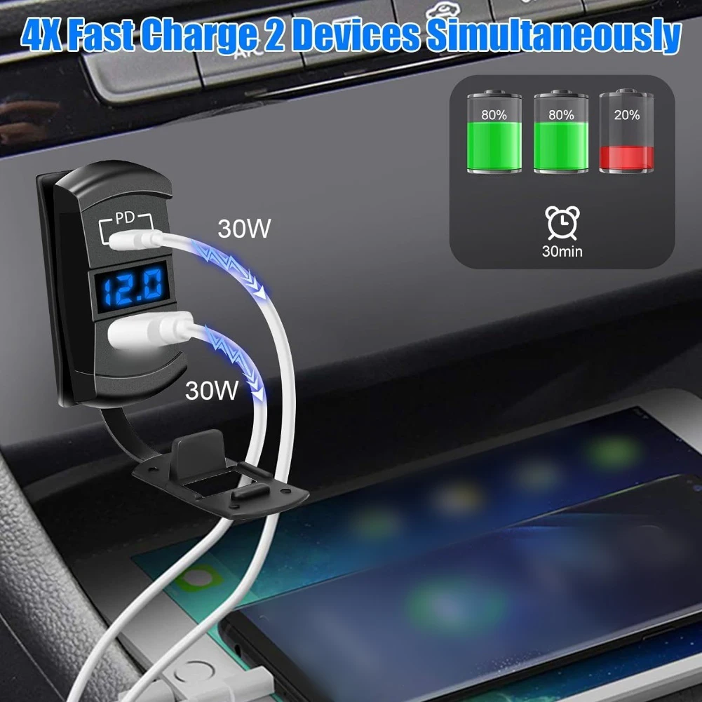 USB Car Charger Dual Port with Digital Display for QC3 0 PD Fast Charging Compatible with 12V 24V Cars Vans and Motorcycles - view 5