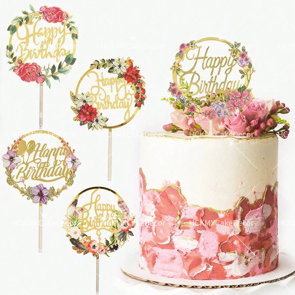 3-teiliger Blumenkranz Happy Birthday Tortendekoration Acryl Gold Spiegel Tortenstecker für Mädchen Frauen Geburtstagsparty Kuchendekoration – Detail 1