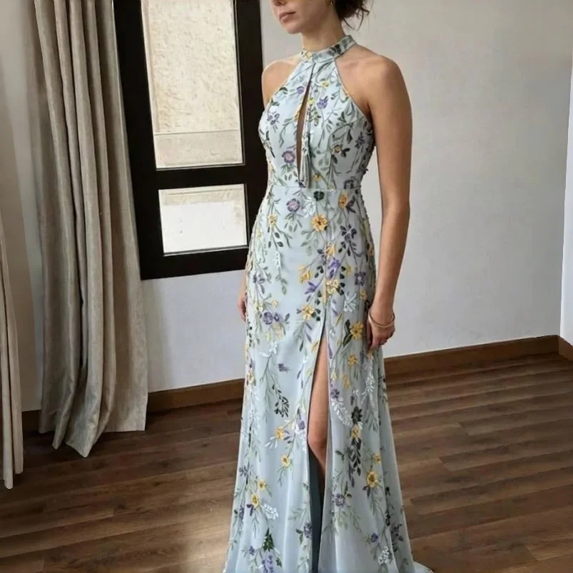 Halter High Neck With Keyhole Cutout All‑over Multicolor Floral Heavy Embroidery A‑Line Floor‑Length No‑train Evening Customized