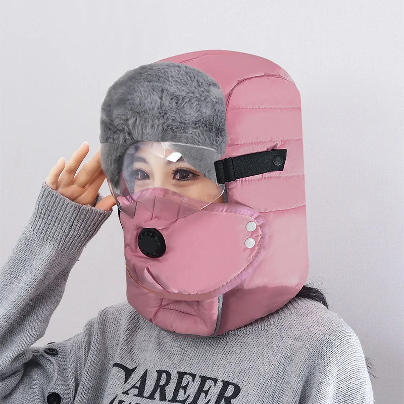 Winter Thickened Fleece Lined Trapper Hat with Goggles Integrated Neck Warmer Windproof Warm Cap for Motorcycle Cycling Riding