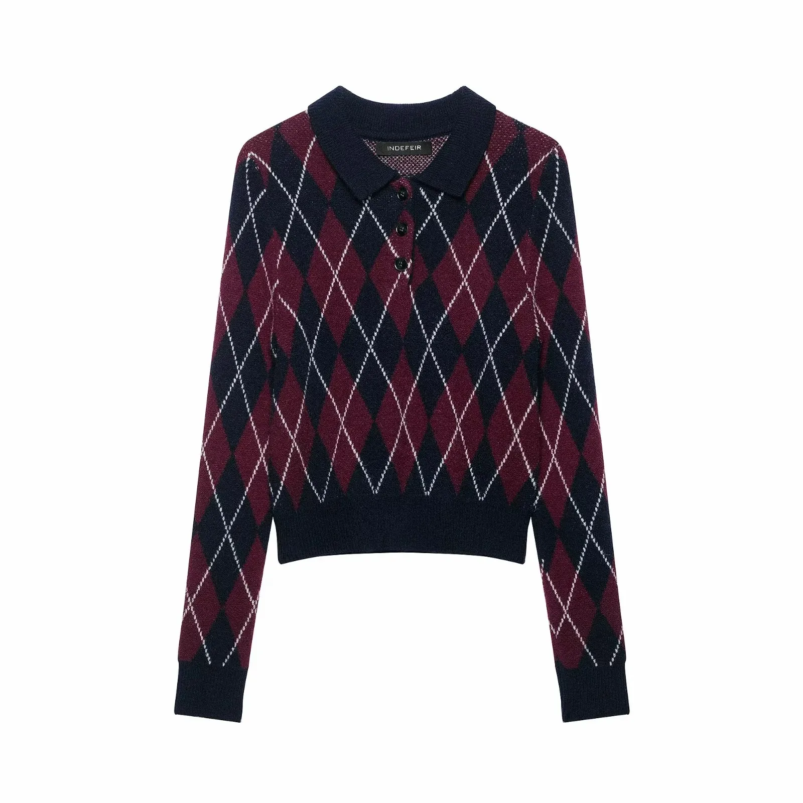 Damen Vintage Diamant Geometrisches Muster Häkel-Strickpullover Weiblicher Schicker Polokragen Schlanker Pullover Mantel Damenoberteile – Detail 6