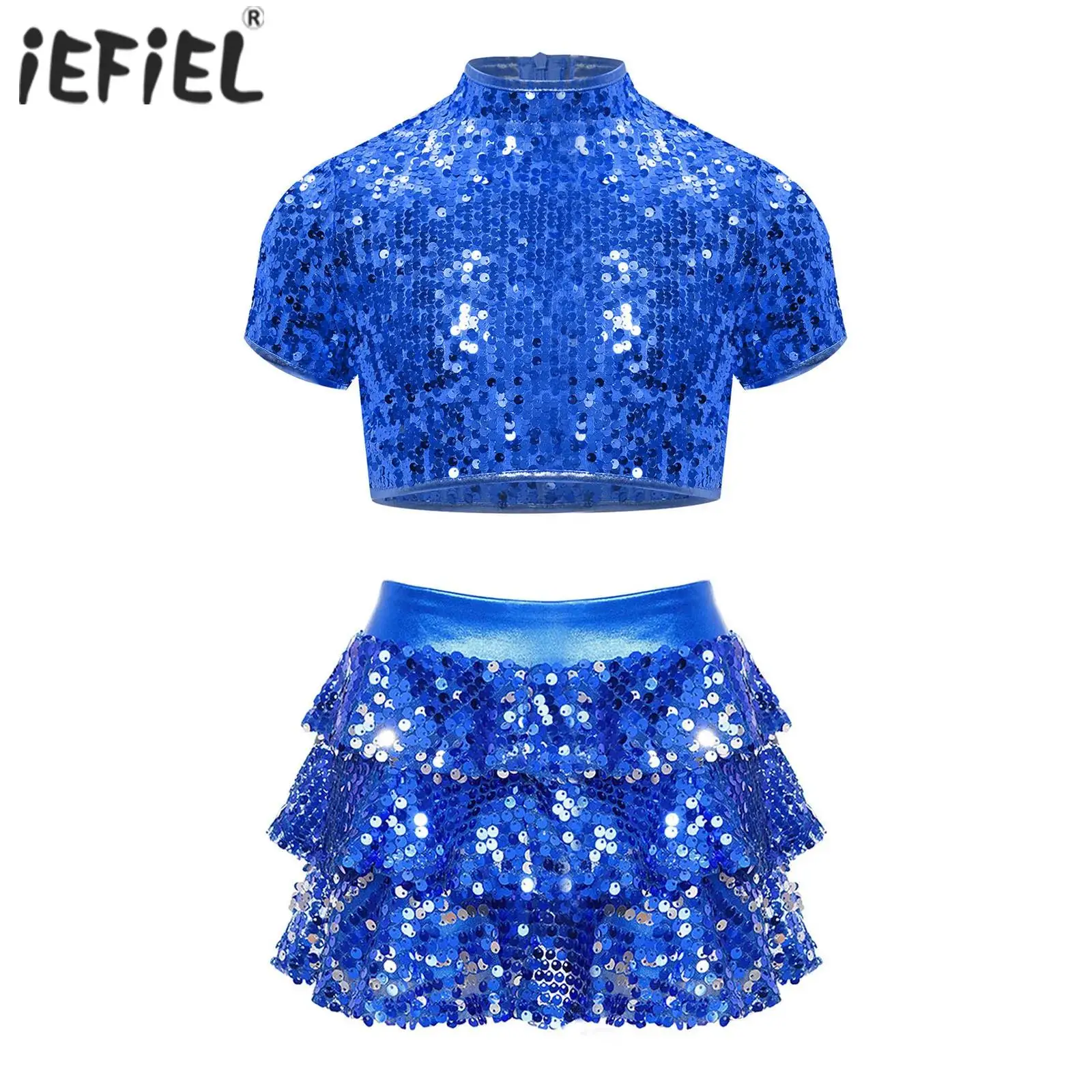 Kids Girls Shiny Sequins Latin Jazz Dance Sets Mock Neck Crop Top with Tiered Ruffle Skirted Shorts Culottes Performance Costume