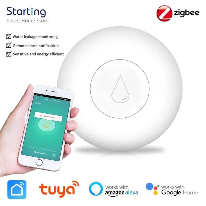 Tuya ZigBee Detector de Vazamento de Água, Alarme Sensor de Inundação, Smart Life APP, Monitoramento Remoto, Funciona com Alexa, Google Home