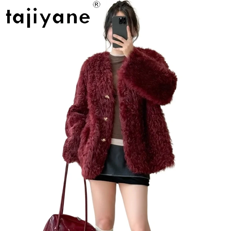 

TAJIYANE 100% Natural Tuscany Wool Sheepskin Double Faced Fur Coat Woman Chic Red V-Neck Real Fur Jacket Winter Clothes 2025шуба
