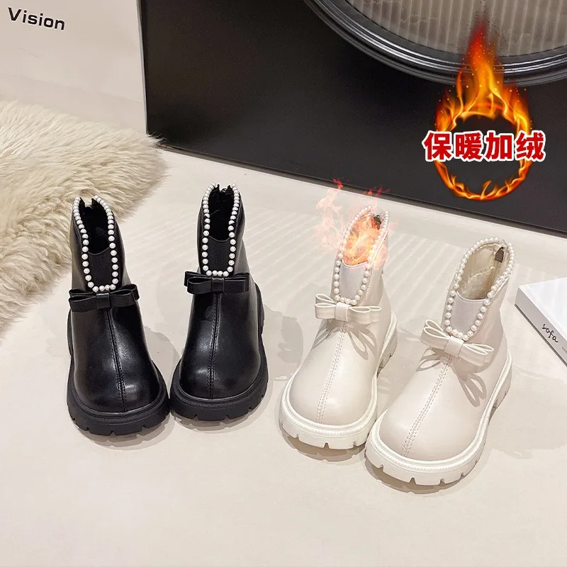 

Girls Boots 2025 Autumn and Winter New Children's Versatile Non-slip Short Boots Bow Round Head Pearl Cotton Boots