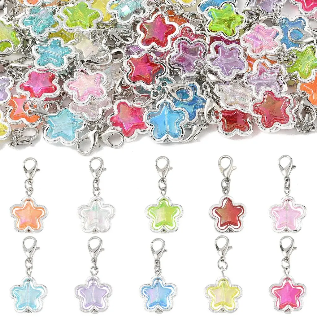 60Pcs 10‑Style Alloy & Acrylic Star Pendants with Alloy Lobster Claw Clasps, Mixed Color, 34mm, for DIY Keychain Accessories