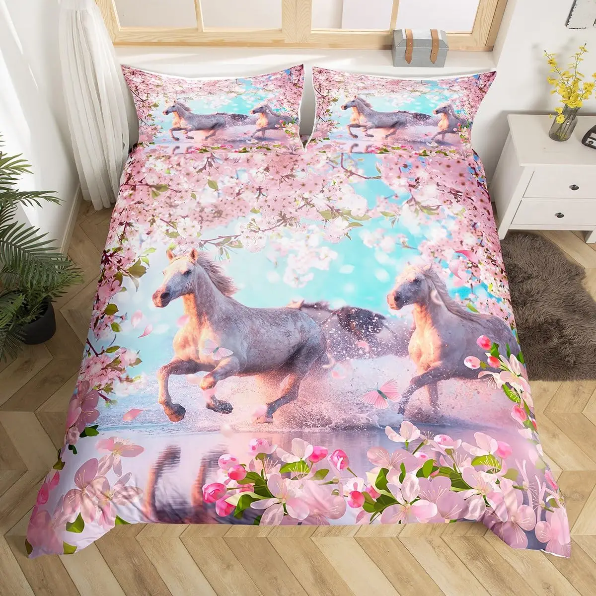 

Horse Duvet Cover Queen Size Wild Animals Bedding Set for Kids Girls Teens Dreamy Natural Flowers Plants Decor Comforter Cover