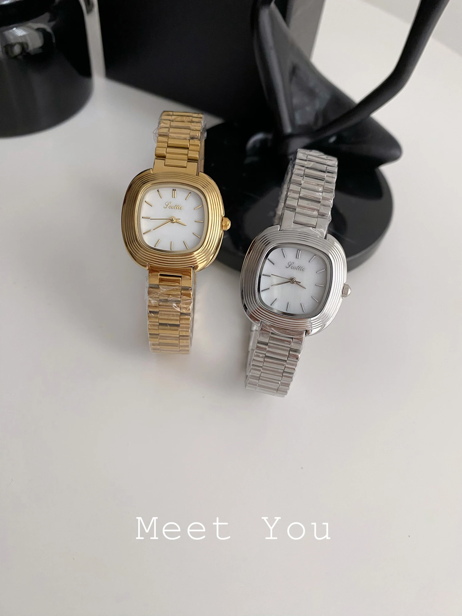 Square dial, minimalist design, understated luxury, sophisticated quartz watch, unique timepiece, a beautiful gift for women.