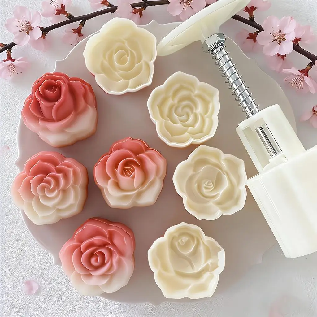5PCS Rose Mooncake Molds Hand Press Cookie Cutters Embossing Pastry Tools for Cookies Chocolate Baking Mid-Autumn Festival