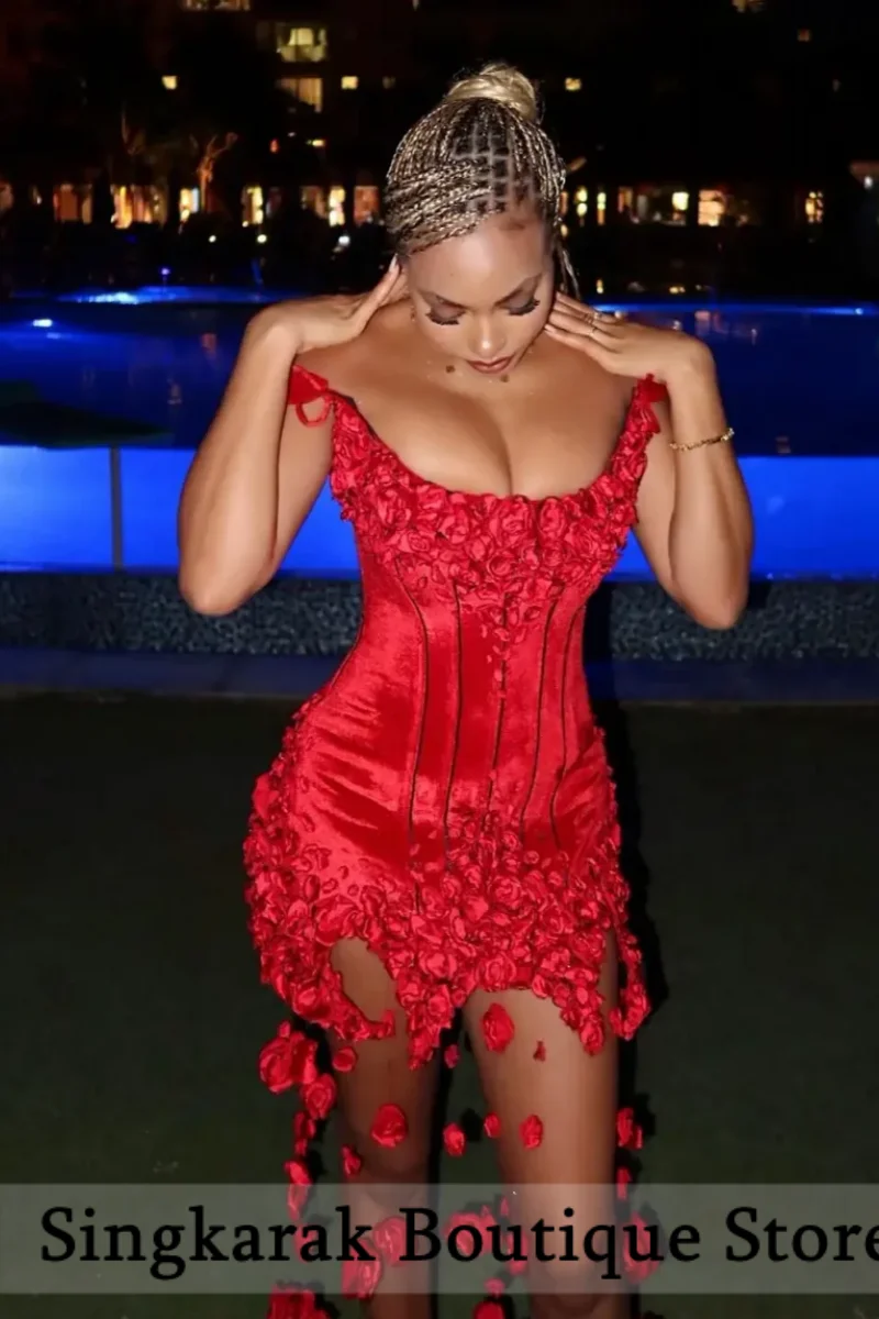 Cute Red Prom Dresses 2026 Black Girl Boning Draped Floral Cocktail Dress Sheath Sexy Homecoming Party Gowns Flowers Customized view 2
