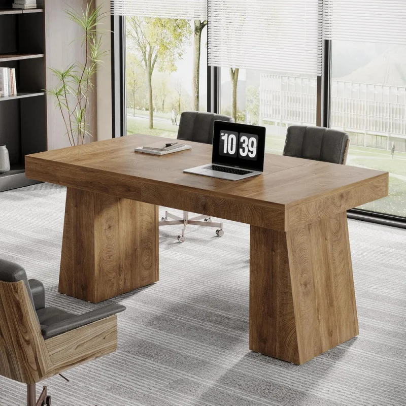 

55 Inches Executive Desk, Mid-Century Modern Home Office Desk, Wood Computer Table Business Workstation Small C