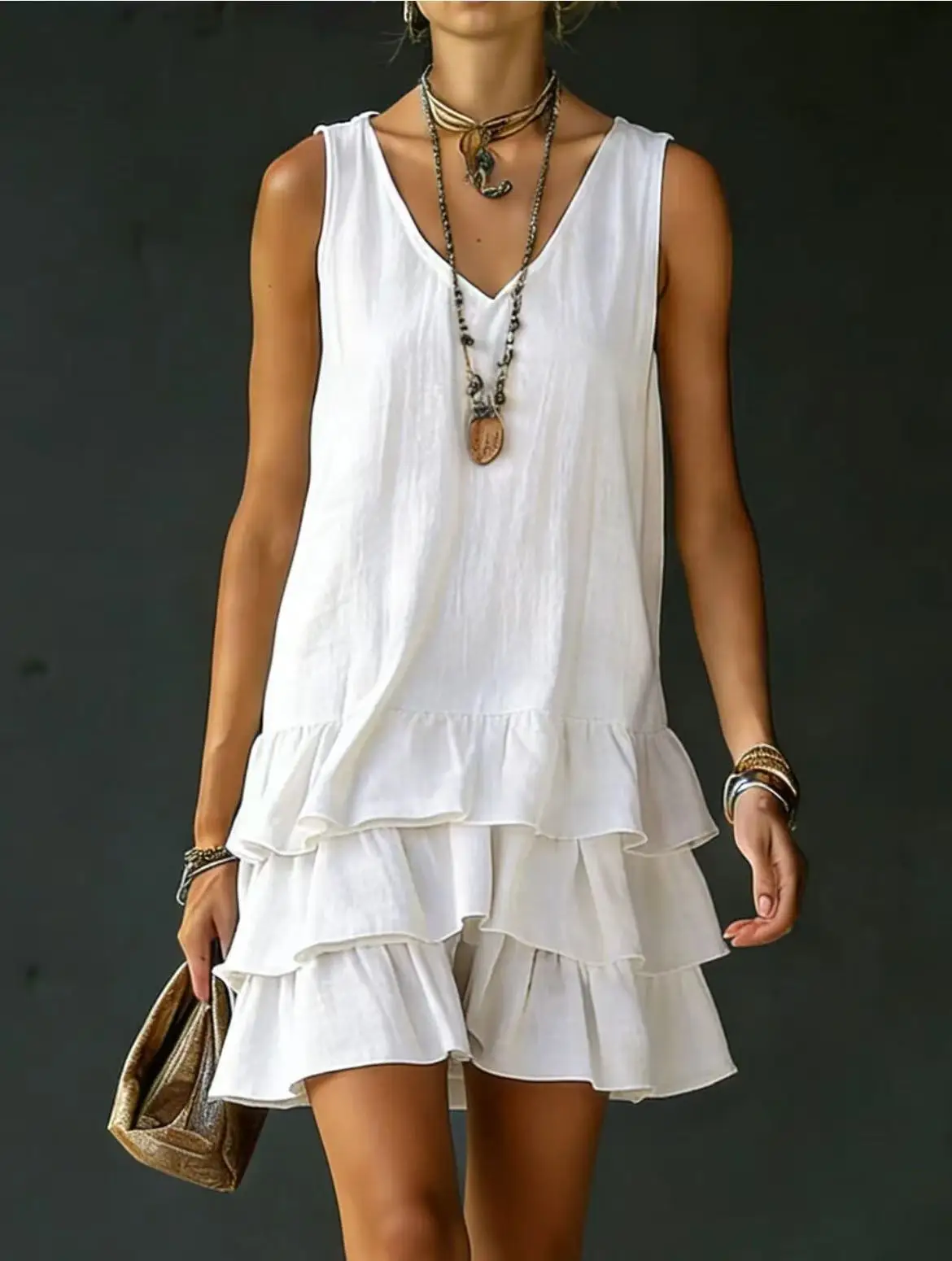 

2026 Summer Casual Simple Solid Color Dress Women's Elegant Solid Color V-neck Sleeveless Loose Layered Ruffle Edge Vest Dress