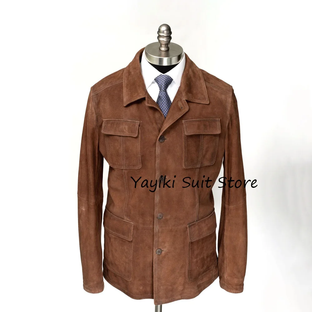 

Повседневный мужской пиджак, замшевая ткань, стильная однобортная мужская куртка с четырьмя карманами и лацканами, новые модные костюмы высокого качества