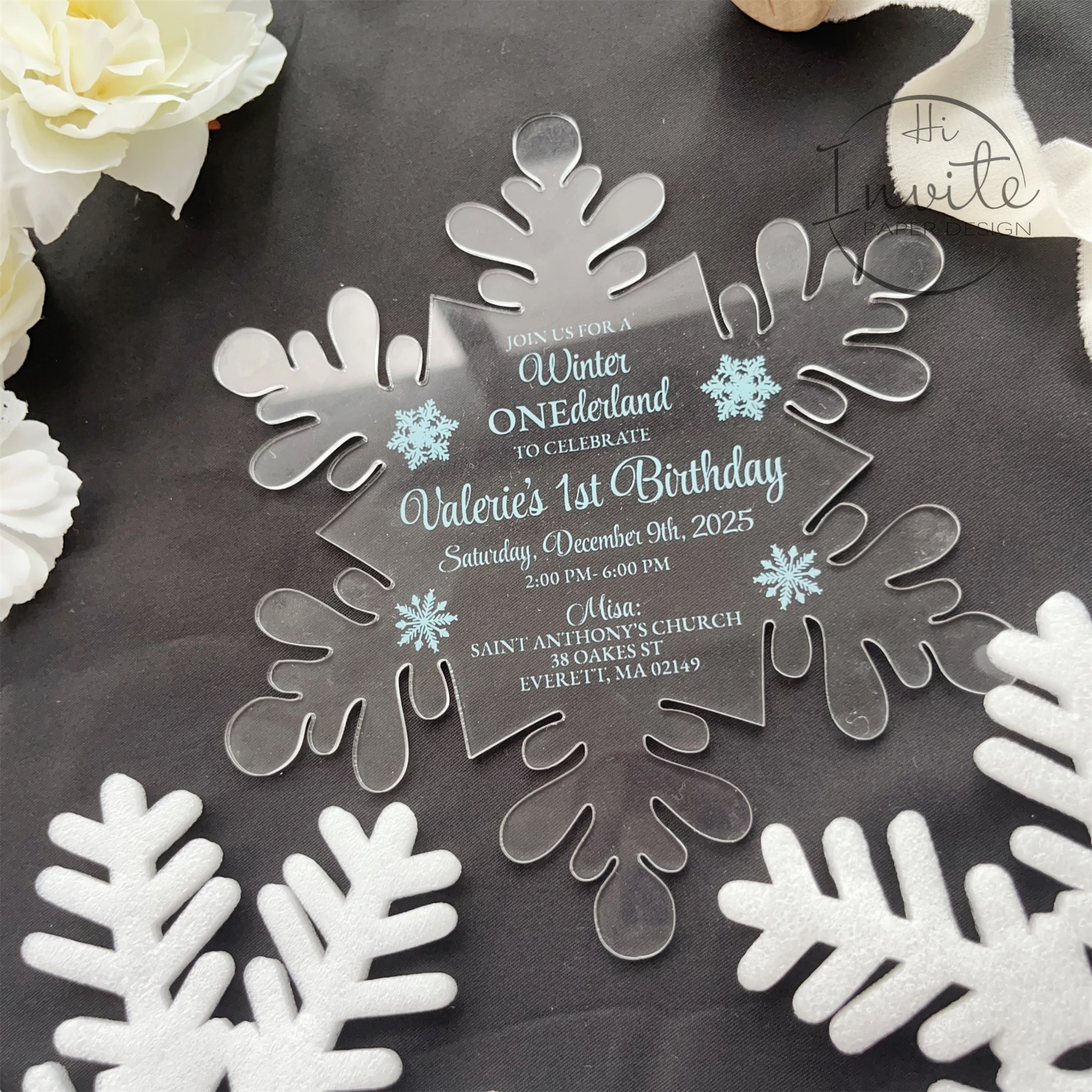 

Baby Winter Wonderland Shower Invite, Snowflake Acrylic Quinceañera Invitation, Sweet 15 Birthday Invite{Free Preview Available}