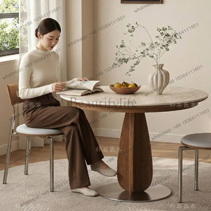 LD  Round Wooden Dining Table Large Size Room Decor Vintage Simple Luxury Dining Table European Juegos  Home Decoration