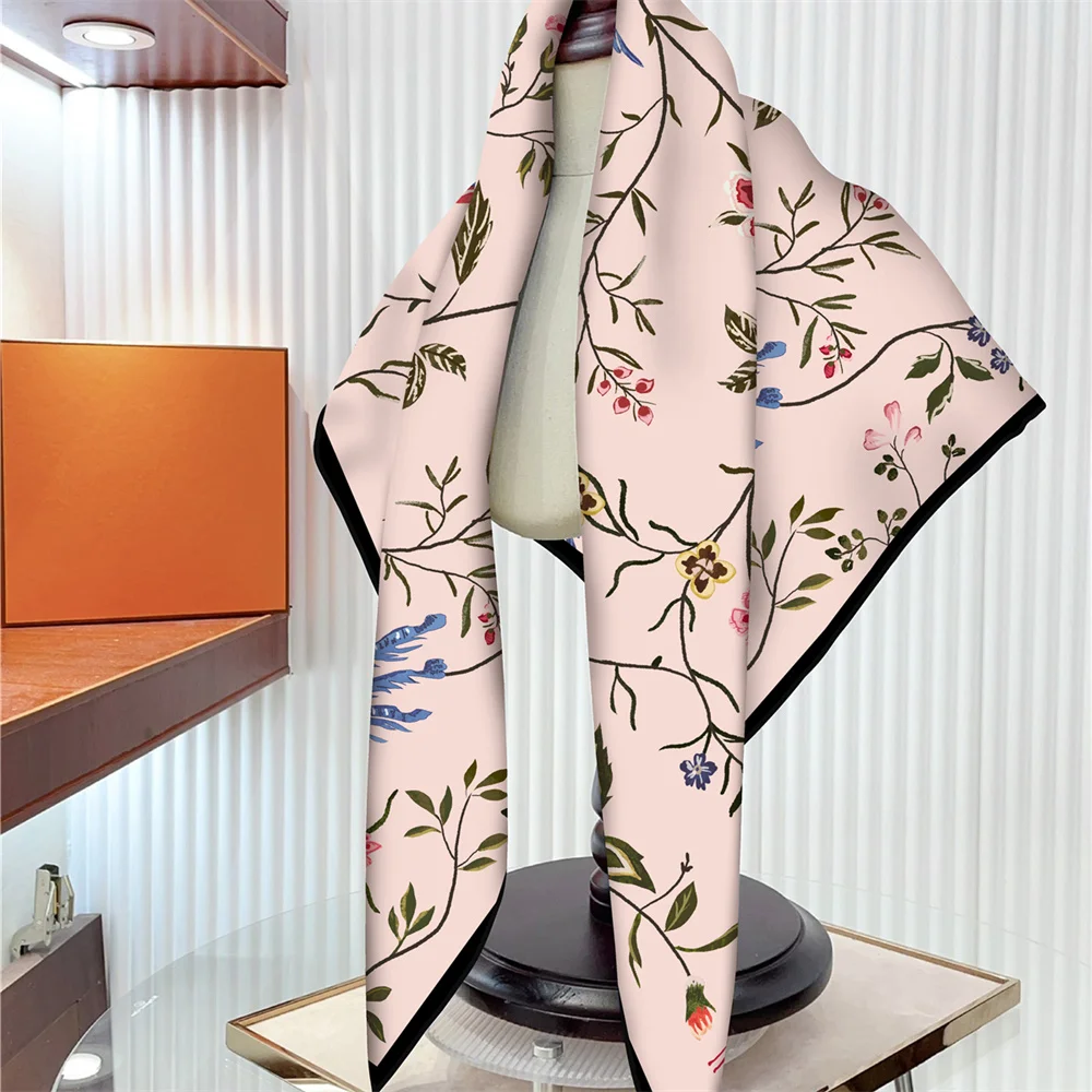 90CM Silk Scarf Women Tree Birds Print Square Scarves Head Echarpes Silk Foulards Femme Wraps Beach Shawl Bandana Lady Hijabs