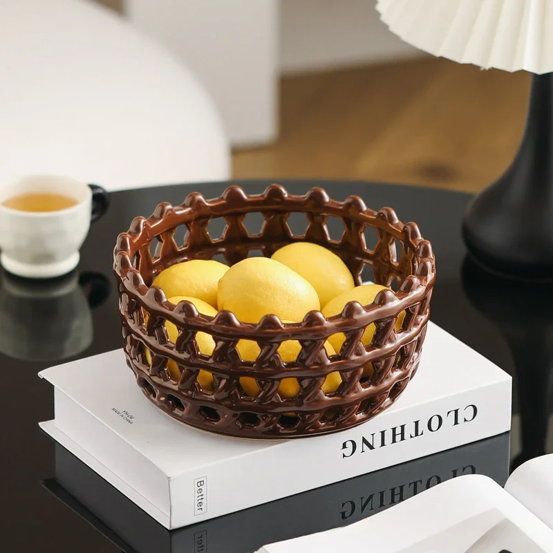 Ceramic Woven Fruit Basket Living Room Coffee Table Fruit Storage Basket Creative Light Luxury Candy Snack Placement Fruit Tray