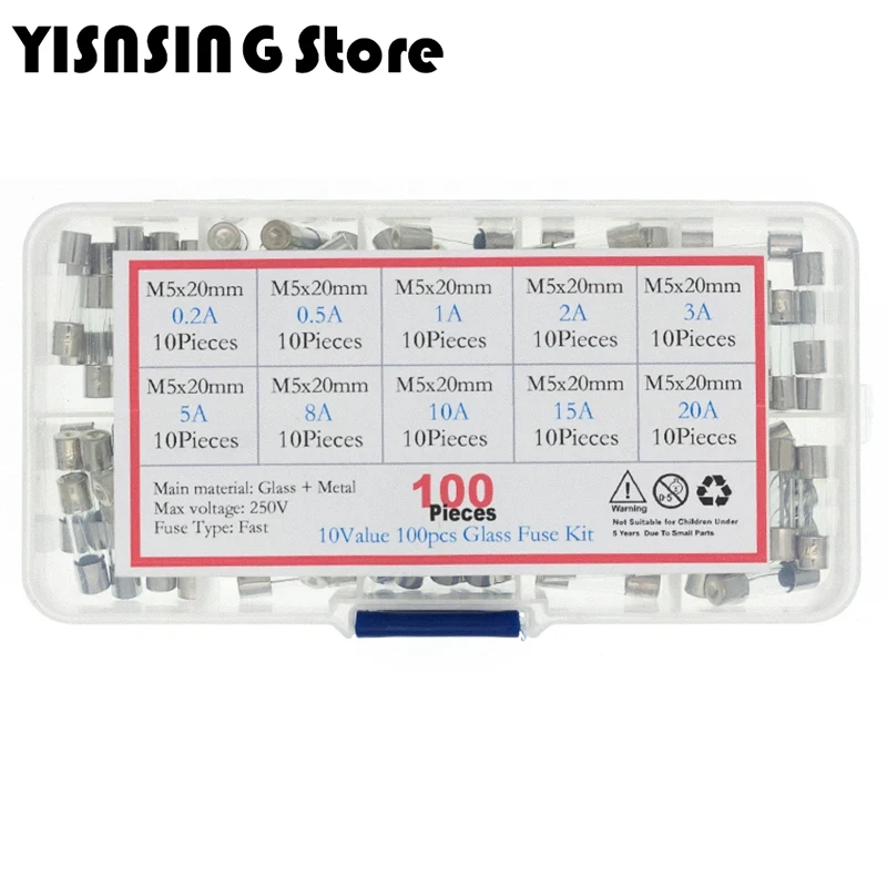 100Pcs Set 5x20mm M5 Quick Blow Glass Tube Fuse Assorted Kits,Fast-blow Glass Fuses