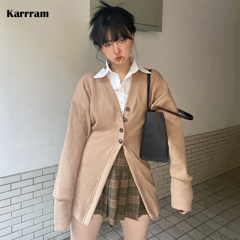 Karrram Korean Fashion V-neck Cardigans Vintage Khaki Jacket Japanese Style Streetwear Women Single Breasted Casual Cardigan