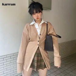 Karrram Cardigan con scollo a v moda coreana giacca Vintage kaki stile giapponese Streetwear donna Cardigan Casual monopetto