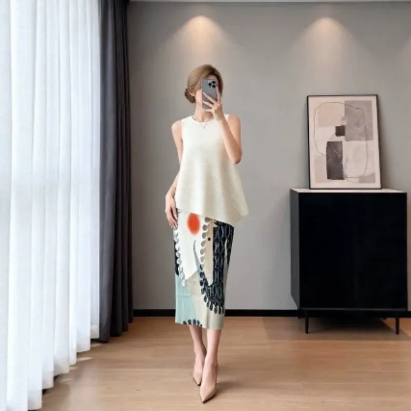 Miyake Pleated Skirt Plisse Women 2026 Summer New Artistic Abstract Portrait Print High Waist Jupe Slim Mid-Length Fold Skirt