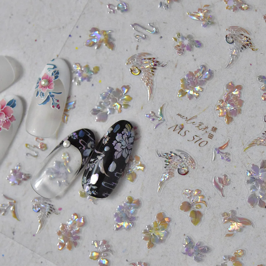 Shiny Flower Crane Pearl Rhinestone Chinese Dressy Phoenix Soft Relief Embossed 3D Self Adhesive Nail Art Sticker Manicure Decal