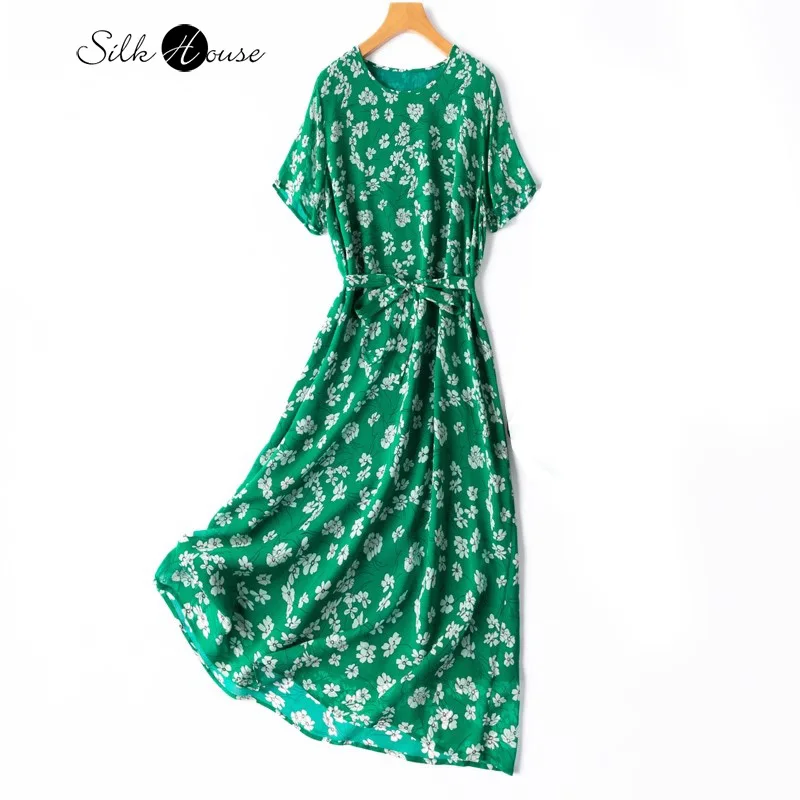 Vestido Floral Pequeno Artístico Verde, Dupla Camada, 100% Seda Natural Amoreira, Liberdade Em Torno Do Pescoço, Manga Curta, Vestido Fluindo