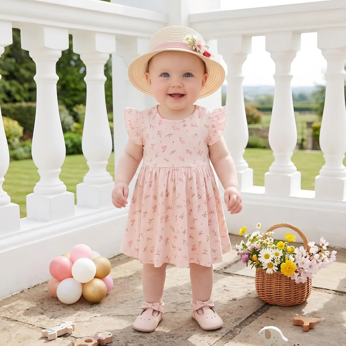 Summer Cute Kids Pink Flower Dress Vacation Children Girls Fashion Clothing