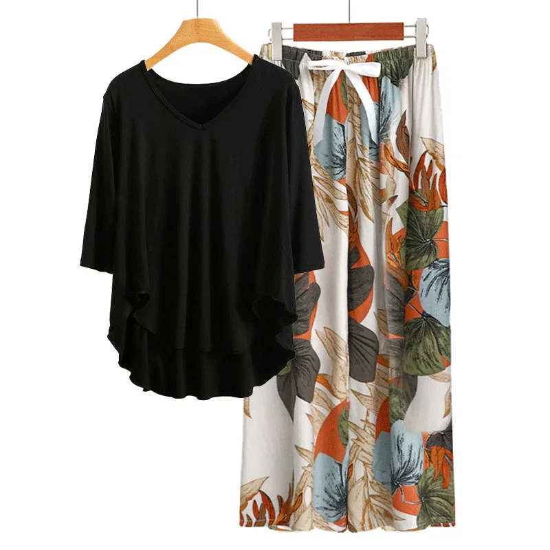

Summer Modal Short Sleeve Pajamas Sets 2pcs Lightweight Viscose Homewear Cropped Wide Leg Pants Ruffle Top Lady's Loungewear
