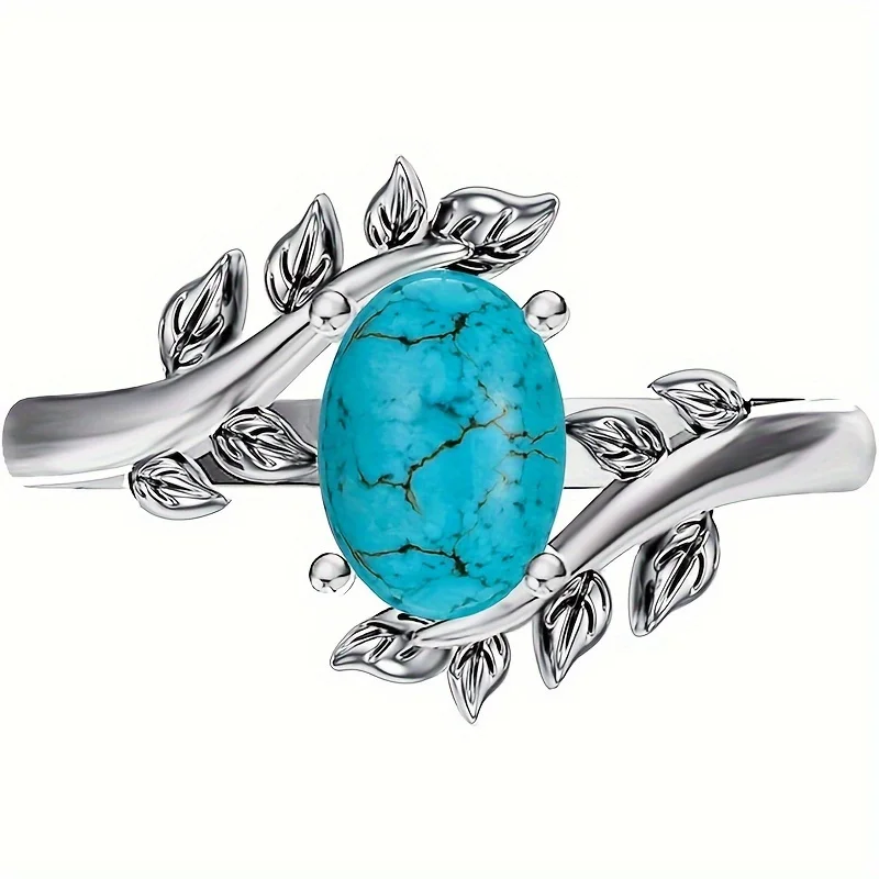 Retro Bohemian Silver Color Imitation Turquoise Branch Ring Fashion Ethnic Style Women\'s Festival Party Jewelry Accessories Gift