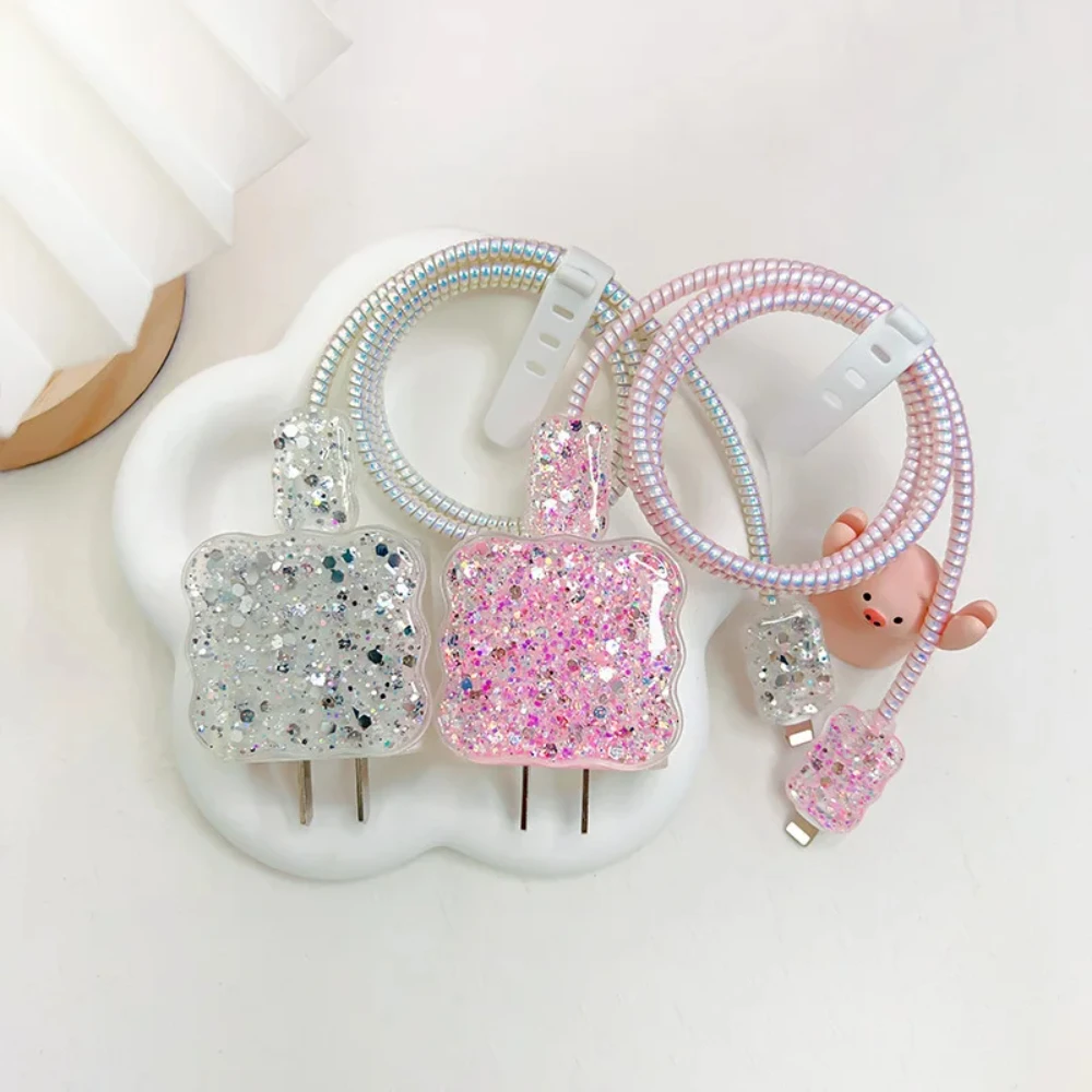 5pcs/Set Wave Glitter Shell Charging Cable Protector For iPhone 18W/20W Charger Case Cable Management Phone Wire Cord Organizers