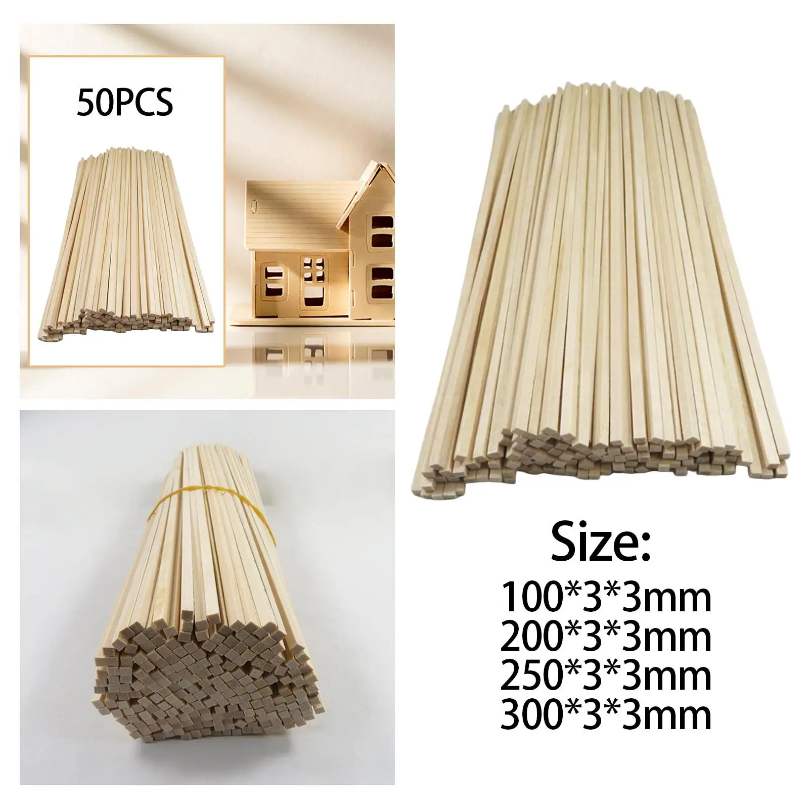 Unfinished Wood Sticks Square Dowel Rods 1/8 Inch for Crafts Model Building DIY Wooden Strips Pack of 50