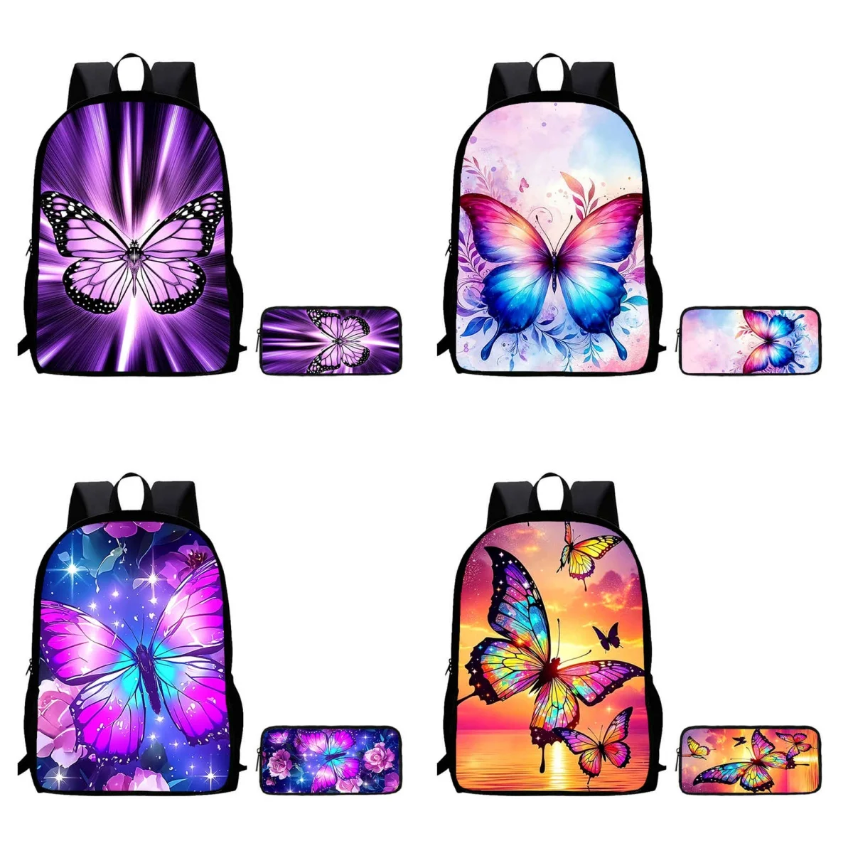 

2Pcs Set School Backpack with Pencil Bags for Age 5-10,Cartoon Butterfly School Bags for Boys Girl, Best Gift for Child