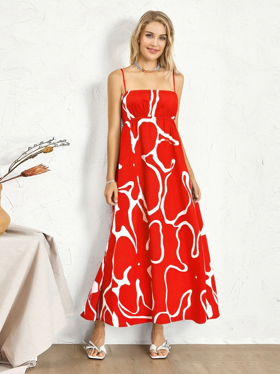 ผู้หญิงยาว Cami ชุดแฟชั่นพิมพ์สปาเก็ตตี้หลวมชุดคลุมท้องสําหรับฤดูร้อน