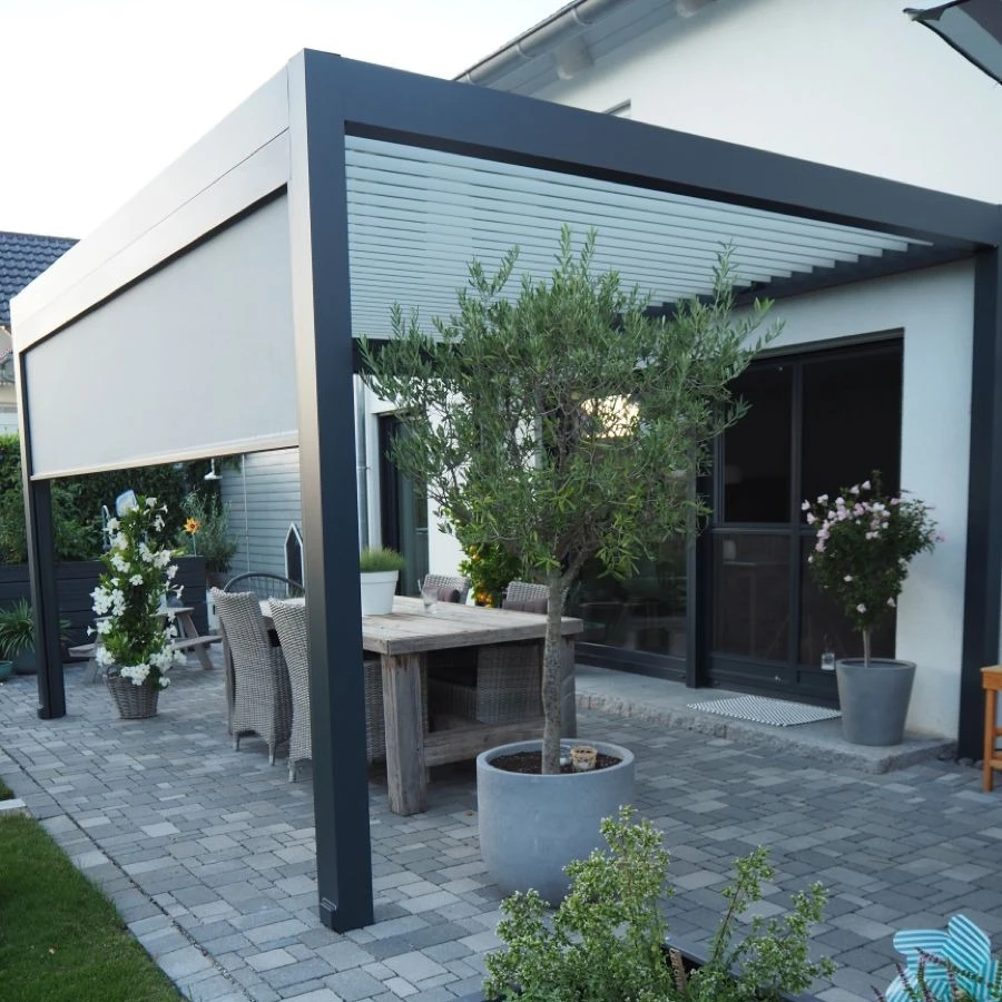 

Garden Furniture Patio Motorized Gazebo Opening Louver Roof Waterproof Aluminum Pergolas Outdoor Sun Shade with LED Lights