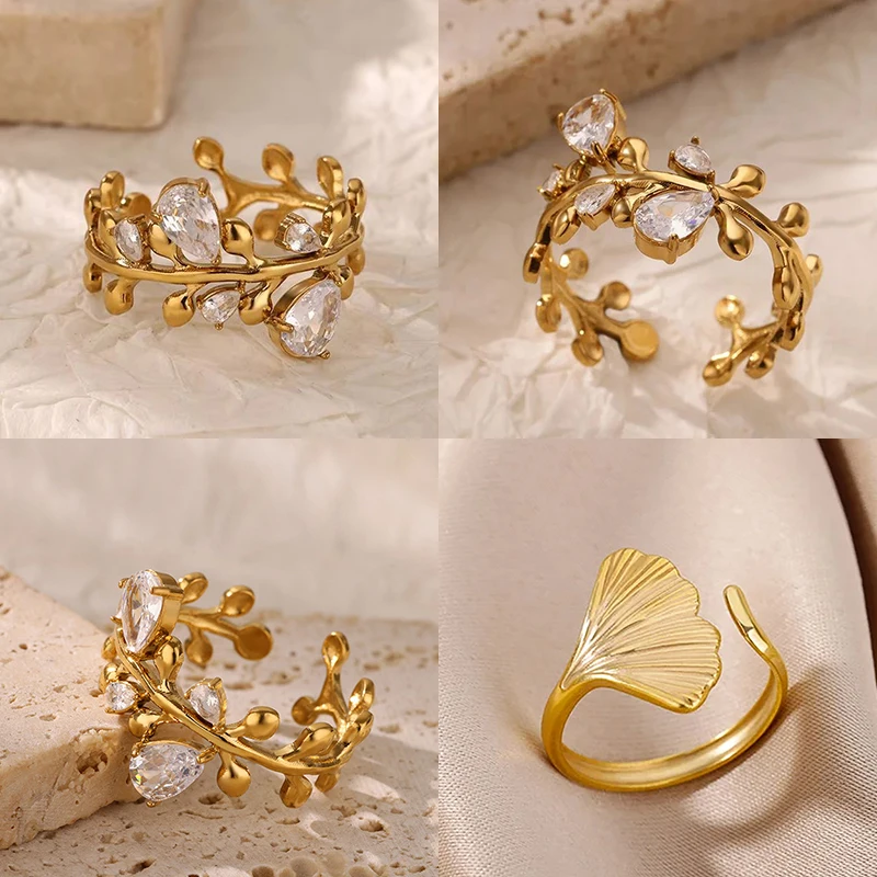 Mode Zirkon Blätter Ringe Für Frauen Gold Farbe Edelstahl Blätter Ring Paar Hochzeit Minimalistischen Schmuck anillos mujer