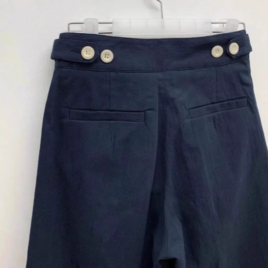 Casual Wide Leg Suit Pants Women's Small Size Straight Cut Loose Fit Trousers in Dark Blue Fashionable Commute Style Nine Points