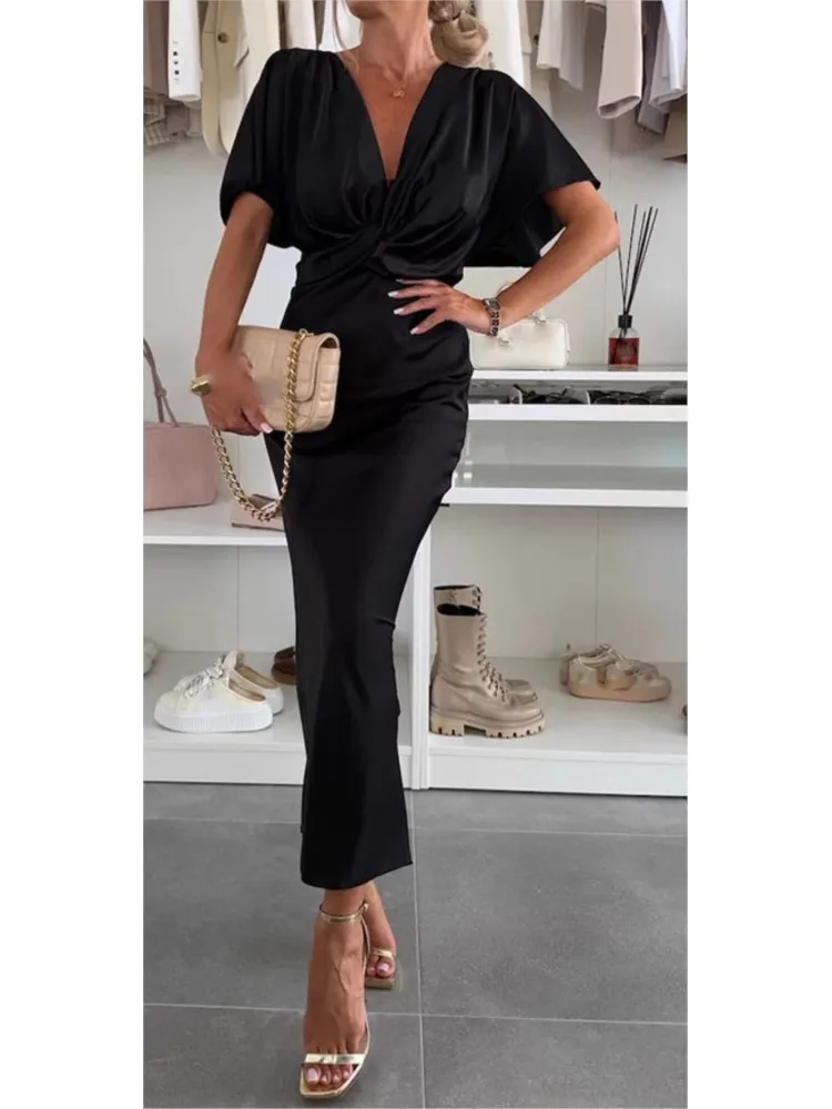 

Women's Elegant Solid Dress Fashion Short Sleeve V Neck High Waist Package Hip Dresses For Women Casual Party Office Skirts New