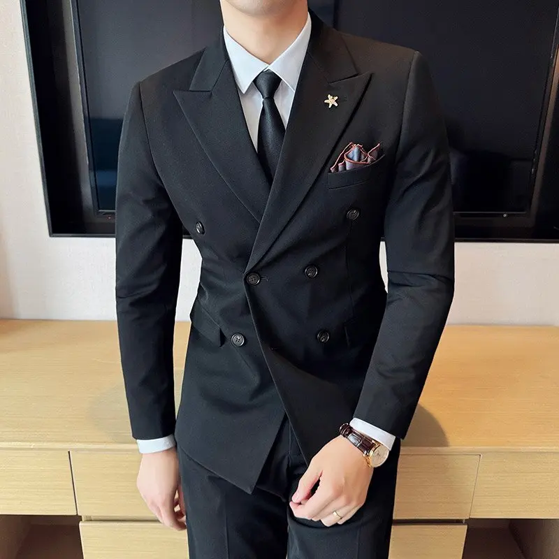 

Men's Tailored Tee-Piece Suit Wedding Korean Sle Slim Fit Busin Double Breasted Suit Faionable Urban Youth Polyester...