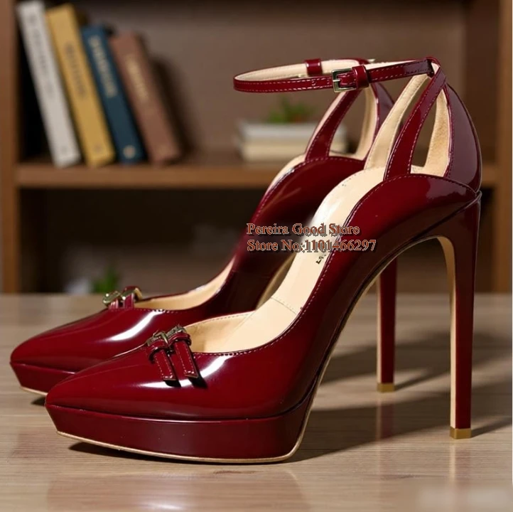 

Wine Red Patent Leather Platform Stiletto Heel Pumps Pointed Toe Buckle Strap Hollow Out Evening Footwear