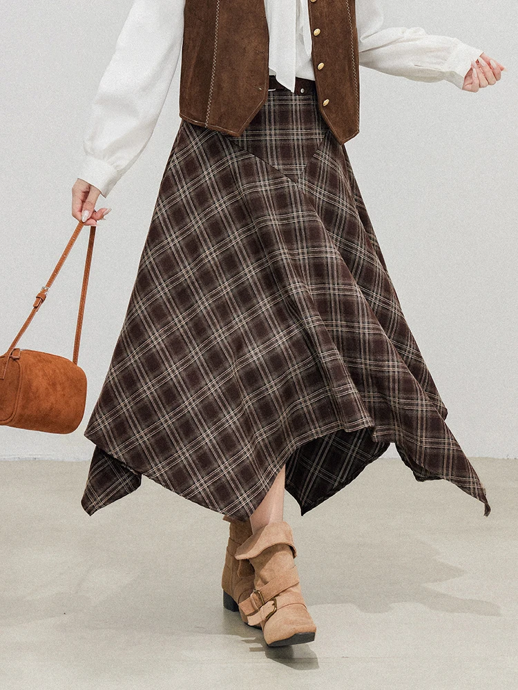 REDDACHiC Checkered Tweed Women Midi Long Skirt Fall New High Rise Irregular Ruffle Patchwork Swing A-line Skirt Vintage Clothes