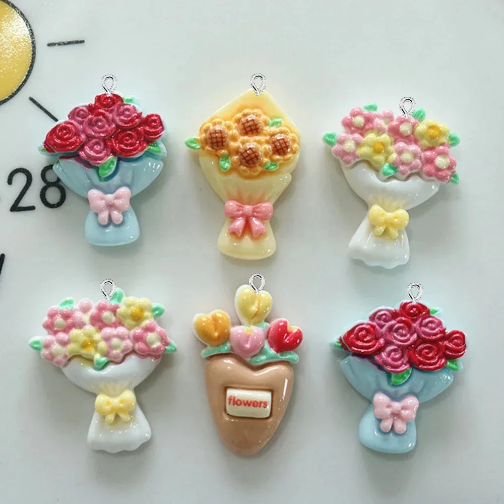 10 Stück glänzende Flatback-Charms aus der Bouquet-Serie für Ohrringe, Armbänder, Haarnadeln, DIY-Schmuckanhänger, Dekorationszubehör